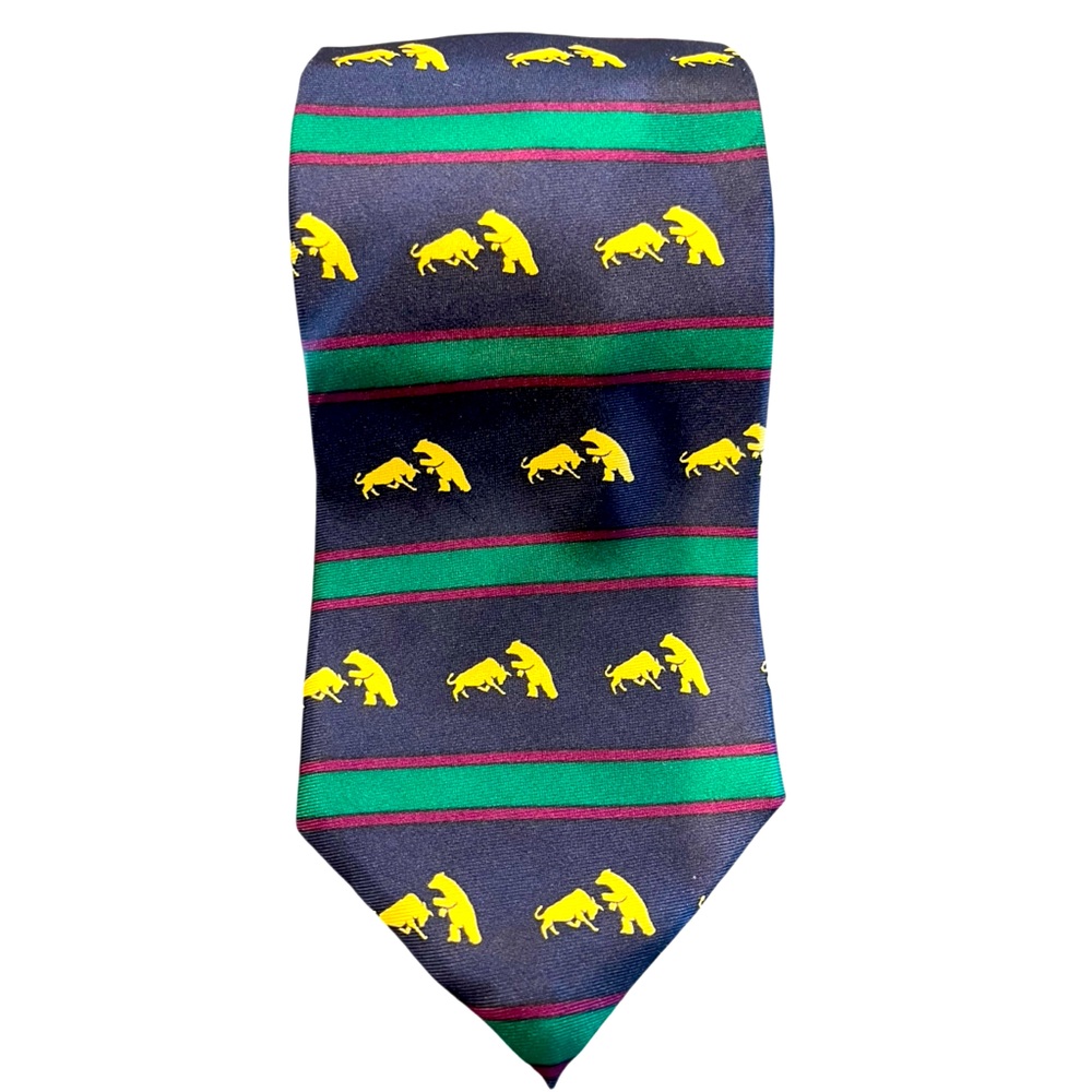 Navy and Green Striped Tie with Yellow Lion Motif